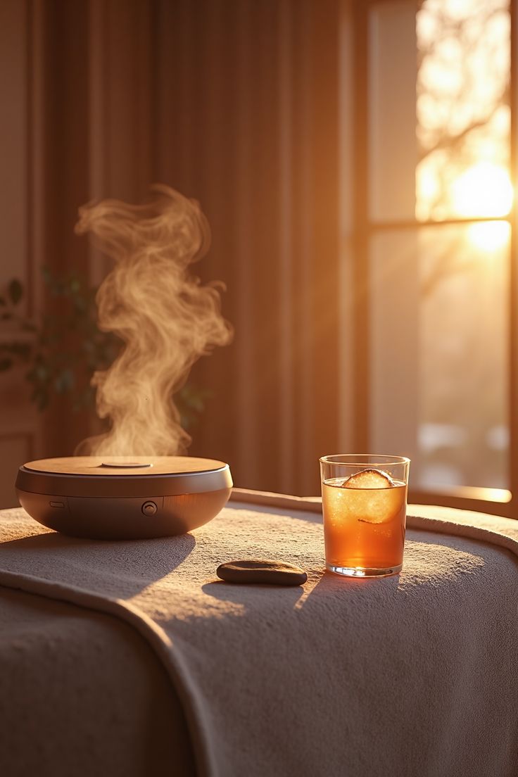 Warm tea and soft evening light for calm relaxation
