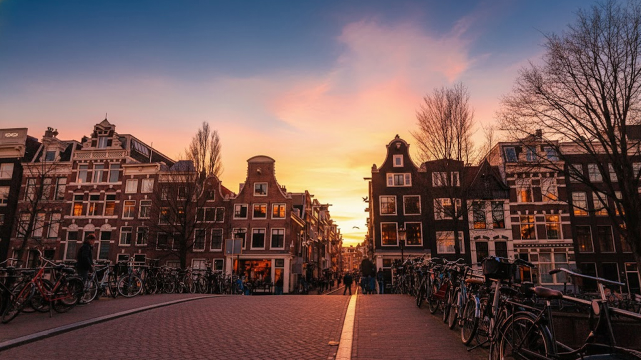 Peaceful evening walk at sunset in Amsterdam